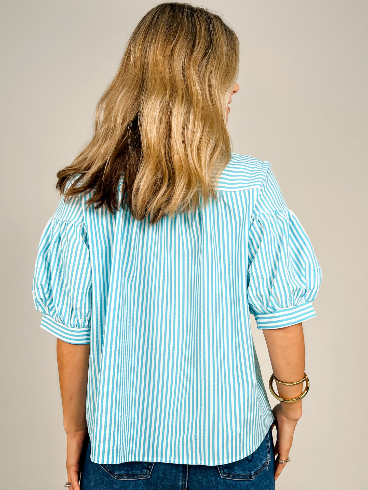 Striped Split Neckline Elbow Length Sleeve Top