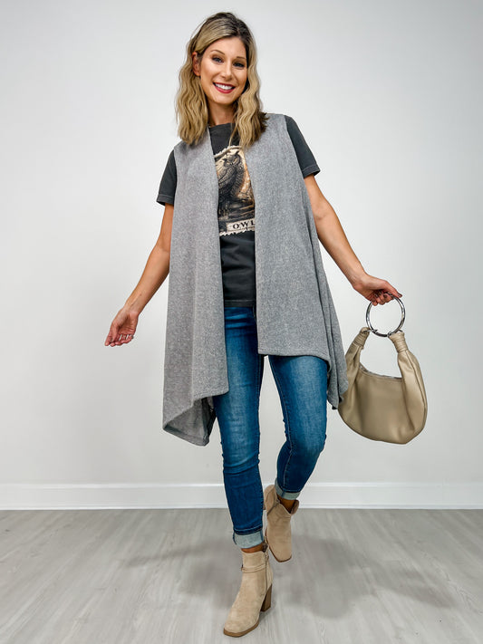 Front Drape Open Front Sleeveless Knit Vest in SOFT GREY