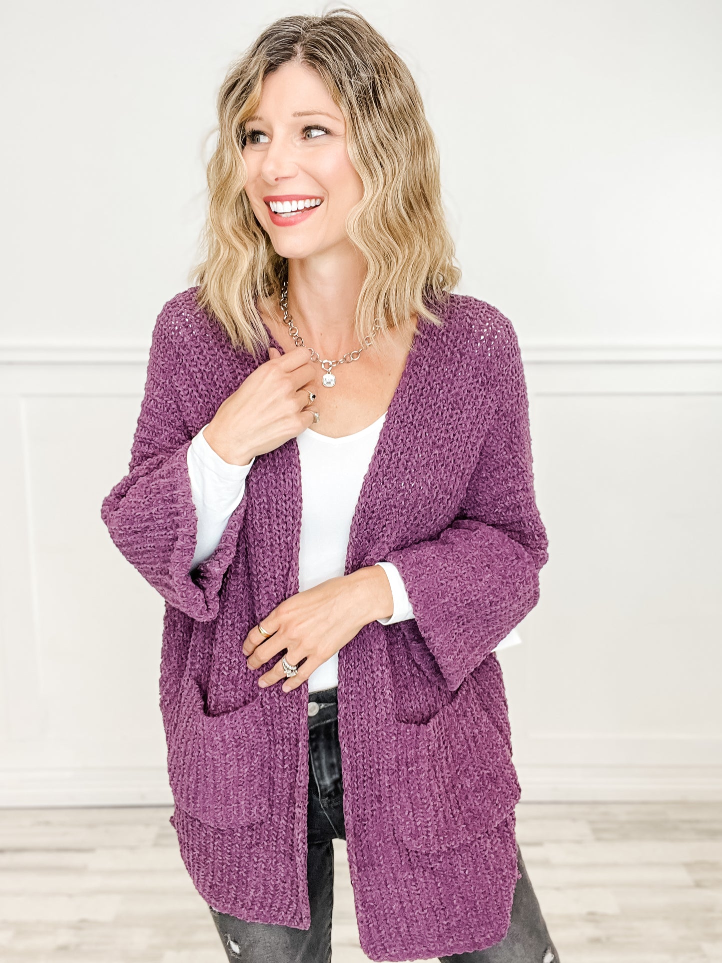 Long Sleeve Knit Cardigan Sweater with Open Front and Pockets