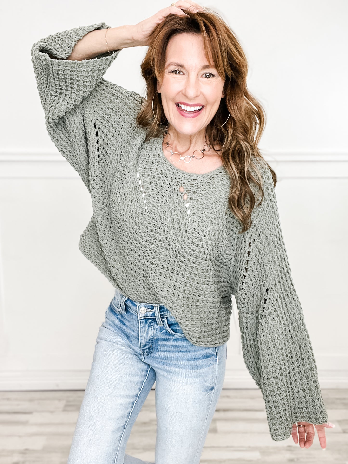 Round Neck Semi Cropped Chenille Solid Sweater