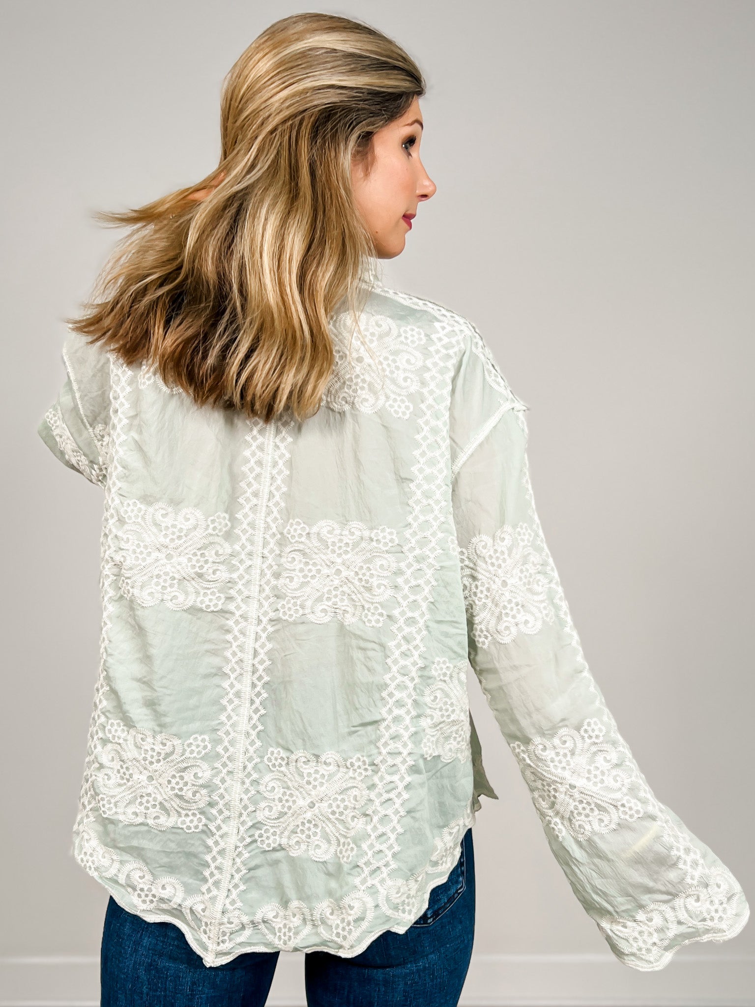 Long Sleeve Embroidery Edge Point Button Down Collared Top