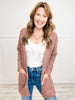 Open Front Cable Cardigan with Pocket in Dark Rust