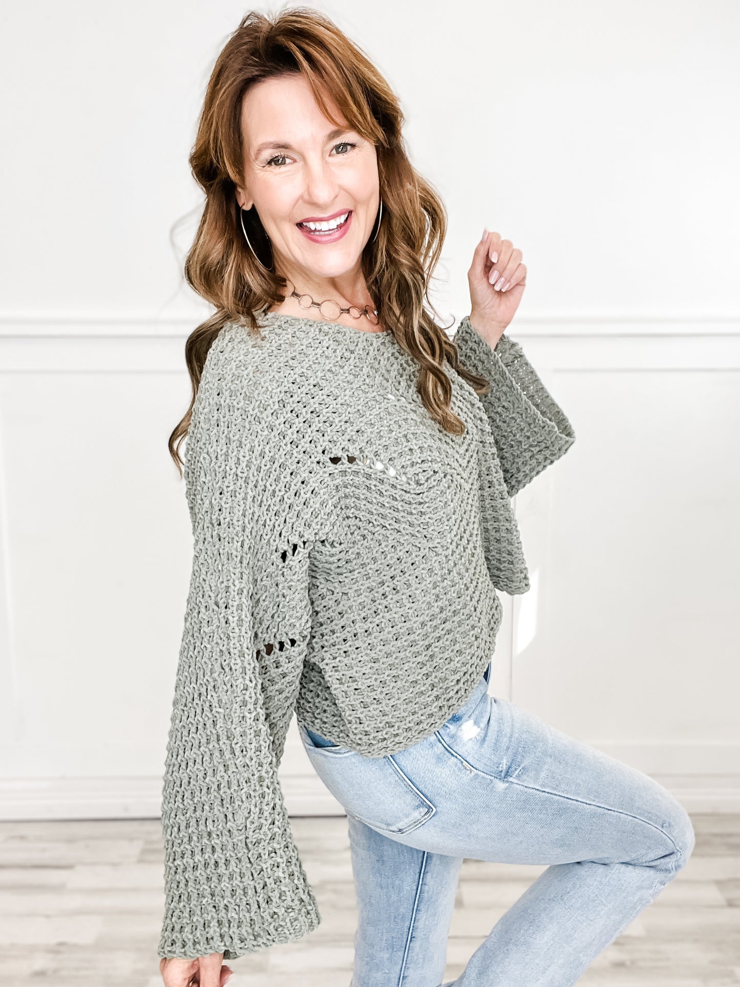 Round Neck Semi Cropped Chenille Solid Sweater