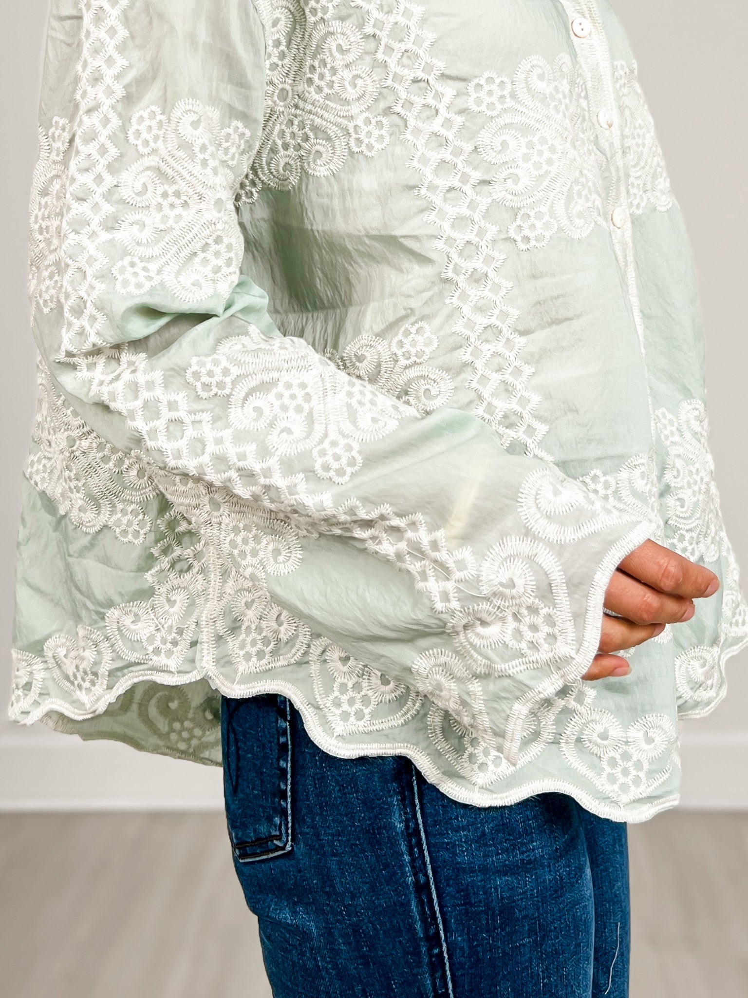 Long Sleeve Embroidery Edge Point Button Down Collared Top