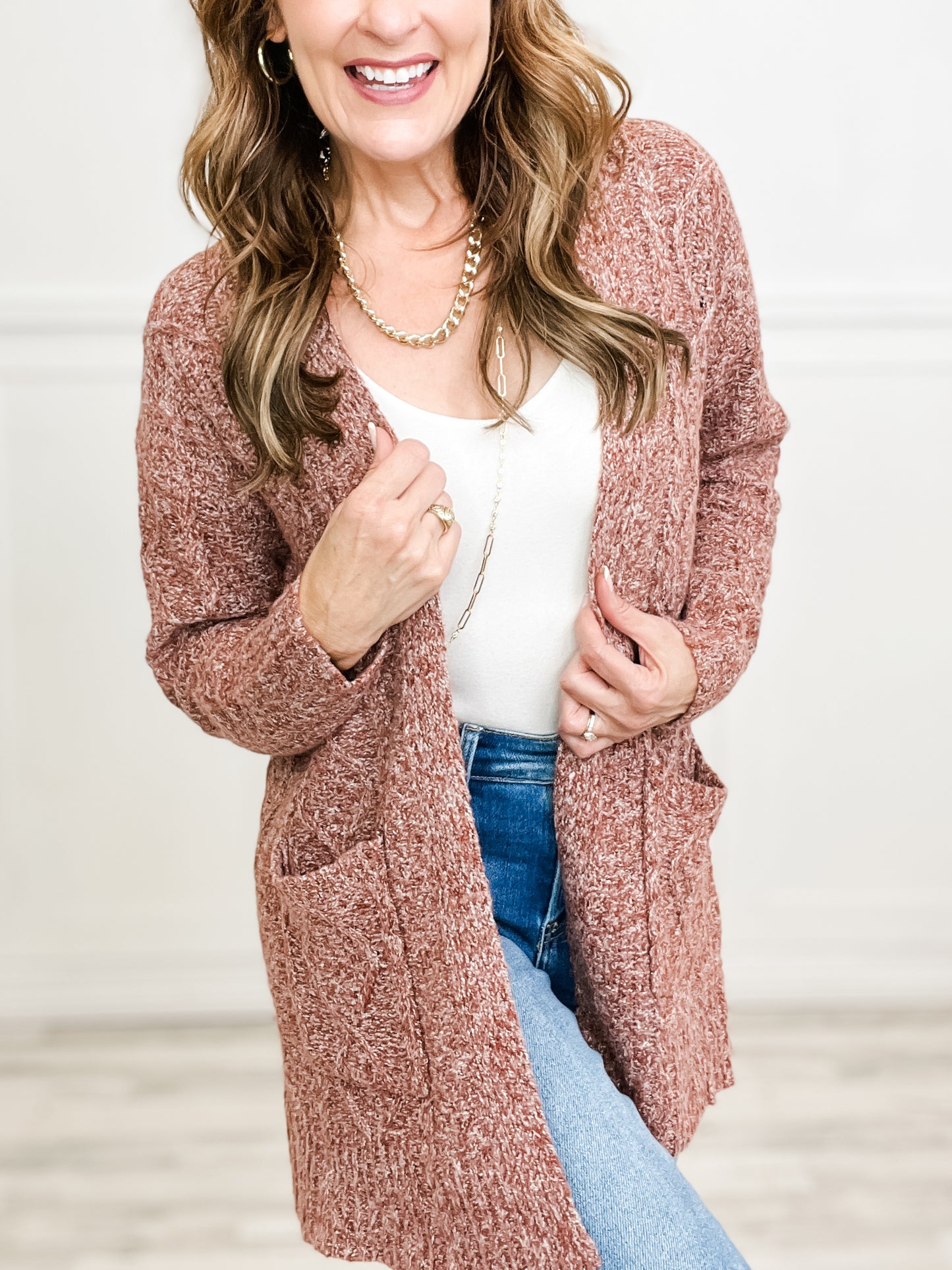 Open Front Cable Cardigan with Pocket in Dark Rust