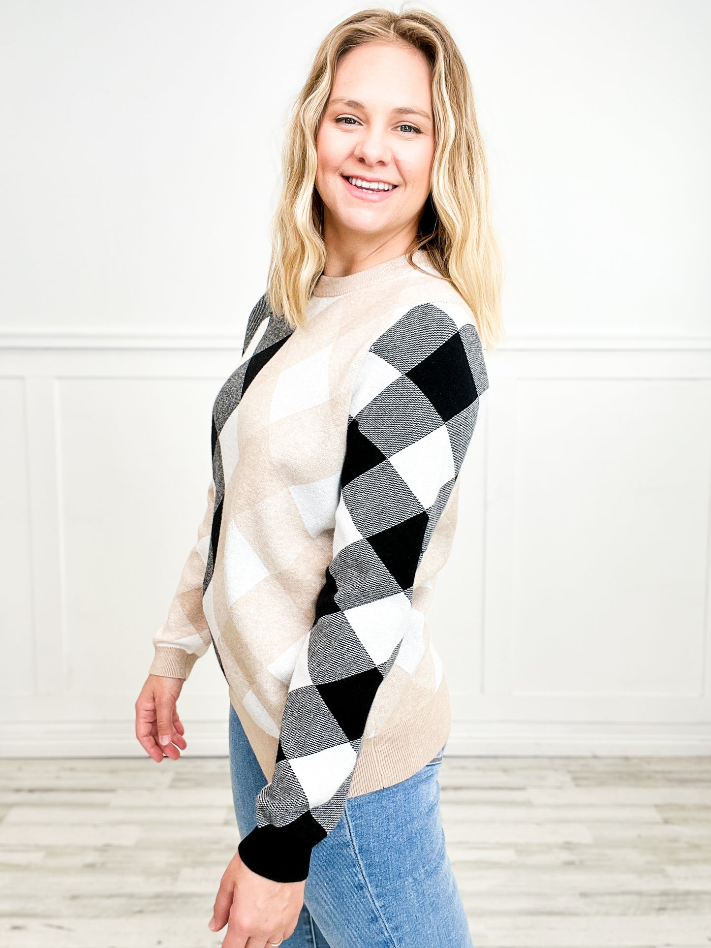 Contrast Plaid Pattern Long Sleeve Knitted Sweater