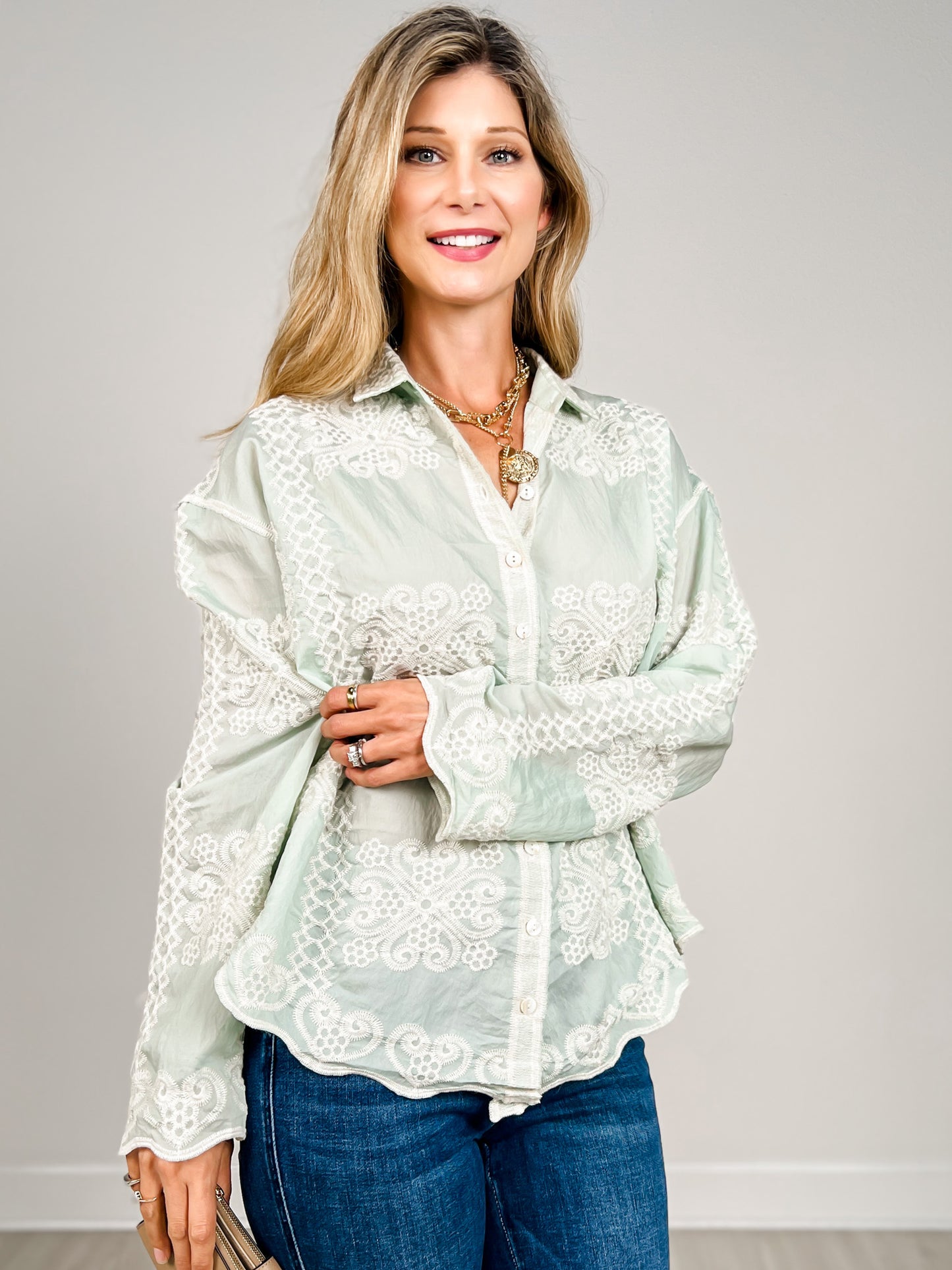 Long Sleeve Embroidery Edge Point Button Down Collared Top