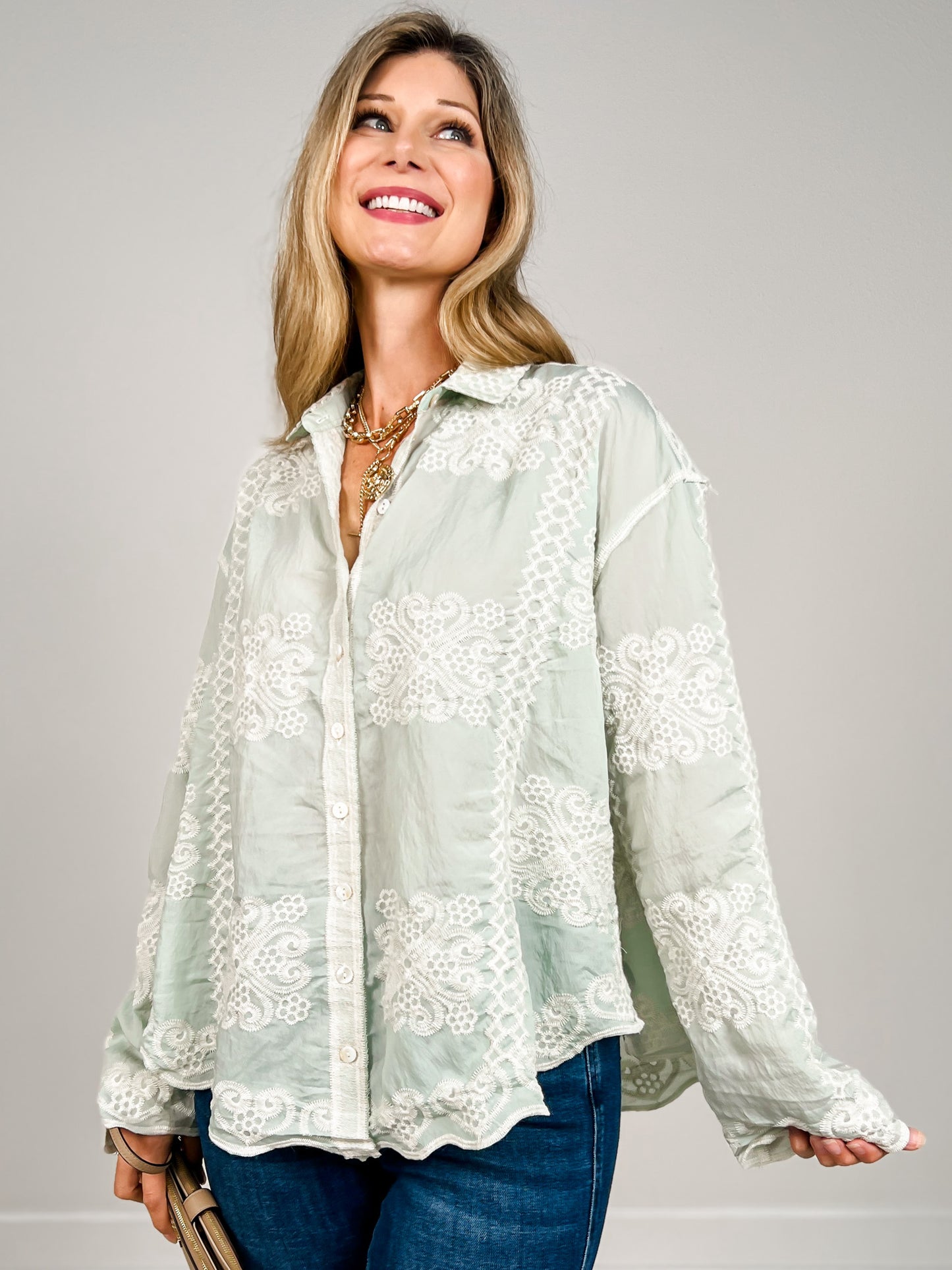 Long Sleeve Embroidery Edge Point Button Down Collared Top