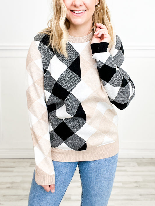 Contrast Plaid Pattern Long Sleeve Knitted Sweater