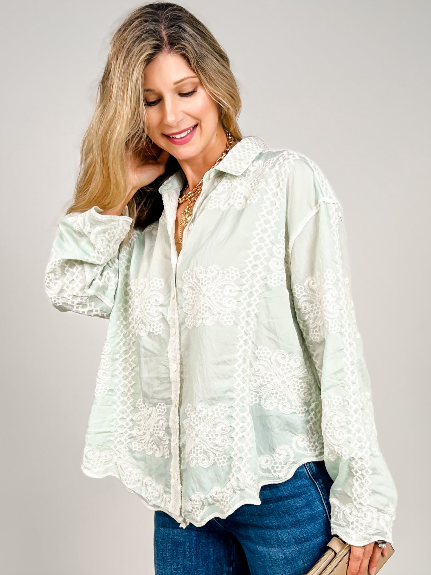 Long Sleeve Embroidery Edge Point Button Down Collared Top