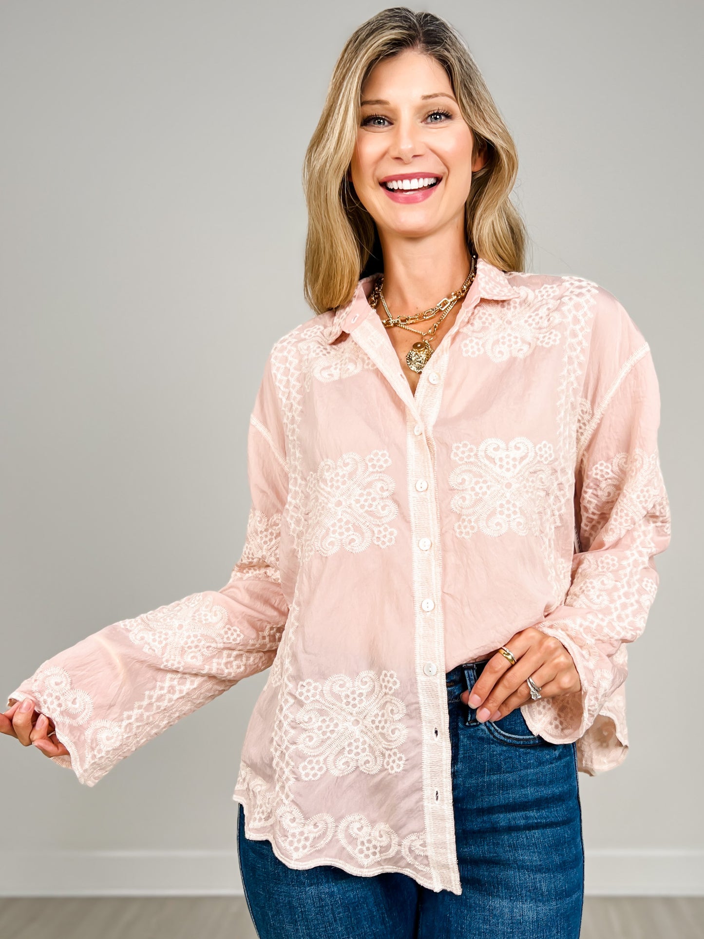 Long Sleeve Embroidery Edge Point Button Down Collared Top