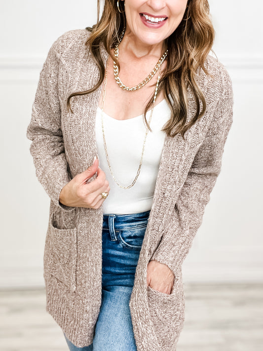 Open Front Cable Cardigan with Pocket in Taupe