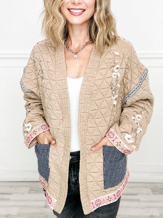 Embroidered Quilted Open Front Knit Jacket