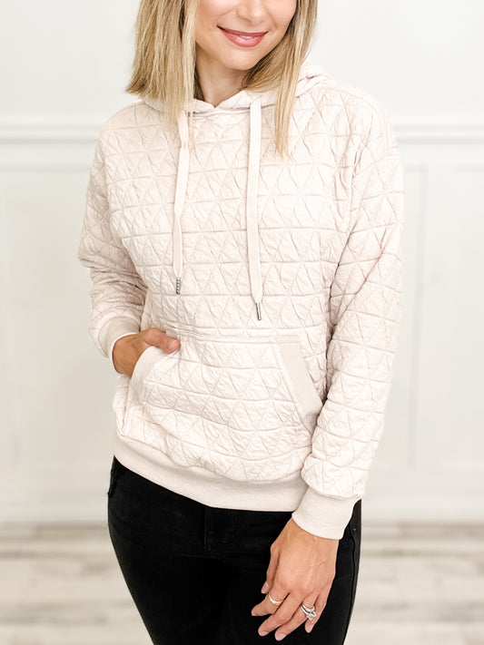 Quilted Hooded Knit Long Sleeve Pullover Top with Kangaroo Pocket