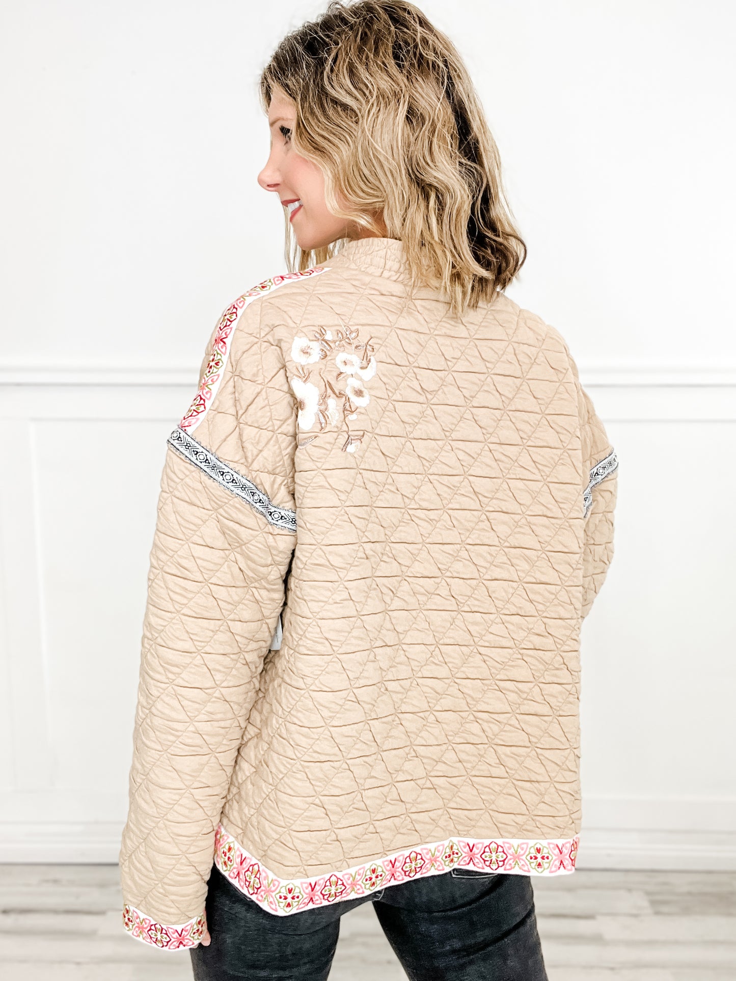 Embroidered Quilted Open Front Knit Jacket