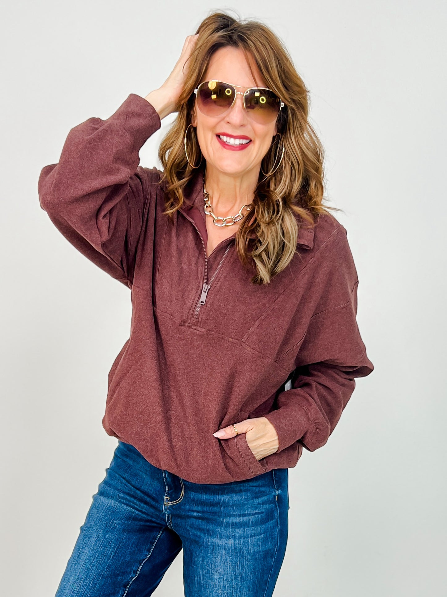 Brushed Rib Quarter Zip Pullover in Dark Cherry