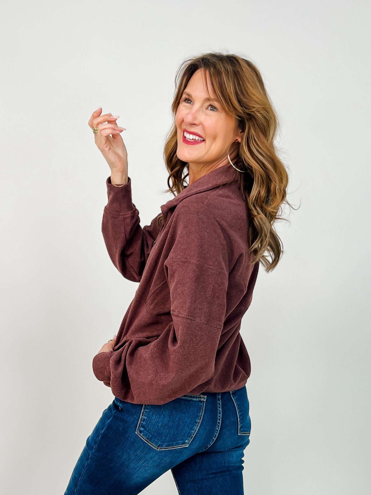 Brushed Rib Quarter Zip Pullover in Dark Cherry