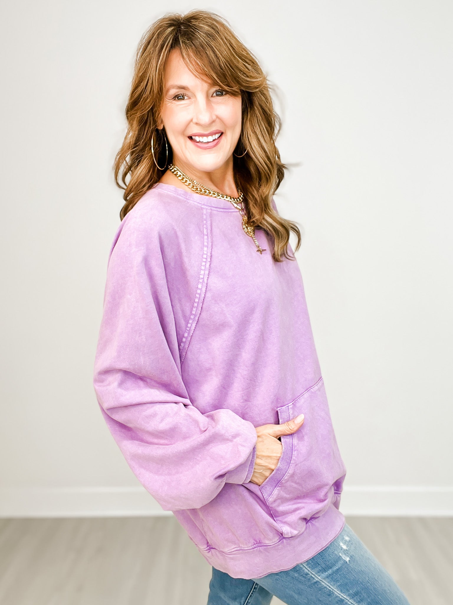 Kangaroo Pockets Mineral Washed Terry Pullover Top