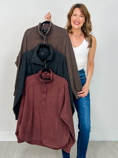 Brushed Rib Button Down Pullover Top in Dark Cherry