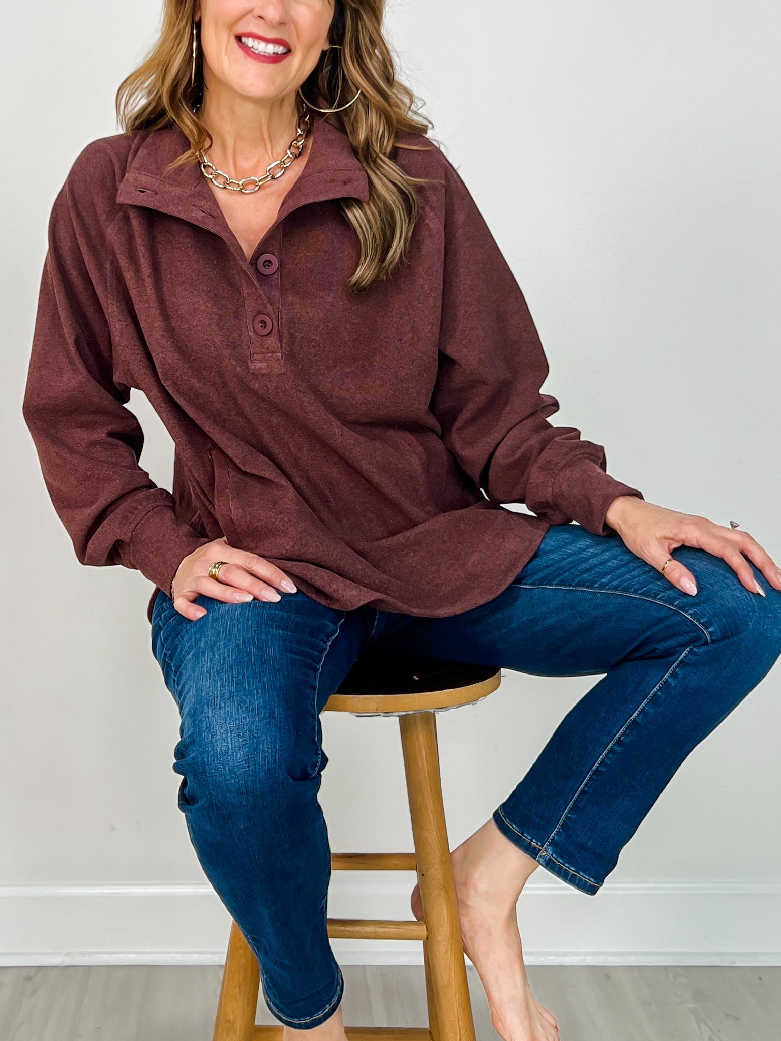 Brushed Rib Button Down Pullover Top in Dark Cherry