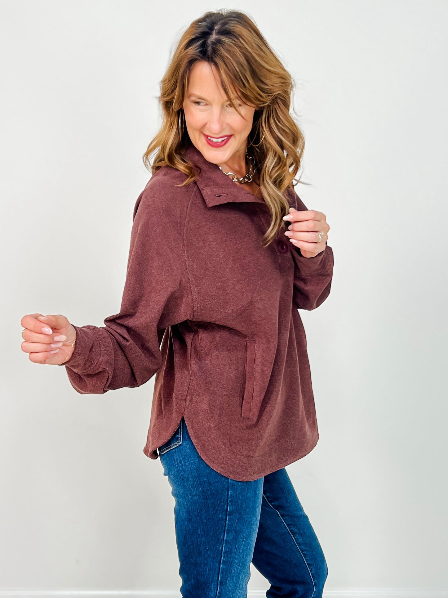 Brushed Rib Button Down Pullover Top in Dark Cherry