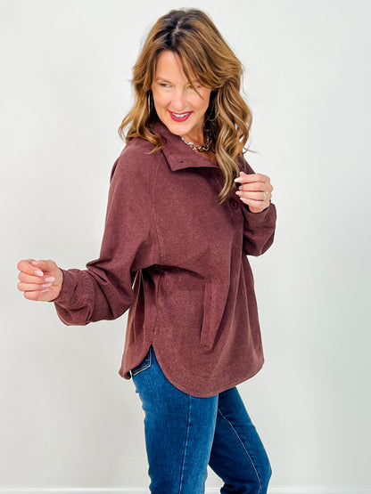 Brushed Rib Button Down Pullover Top in Dark Cherry