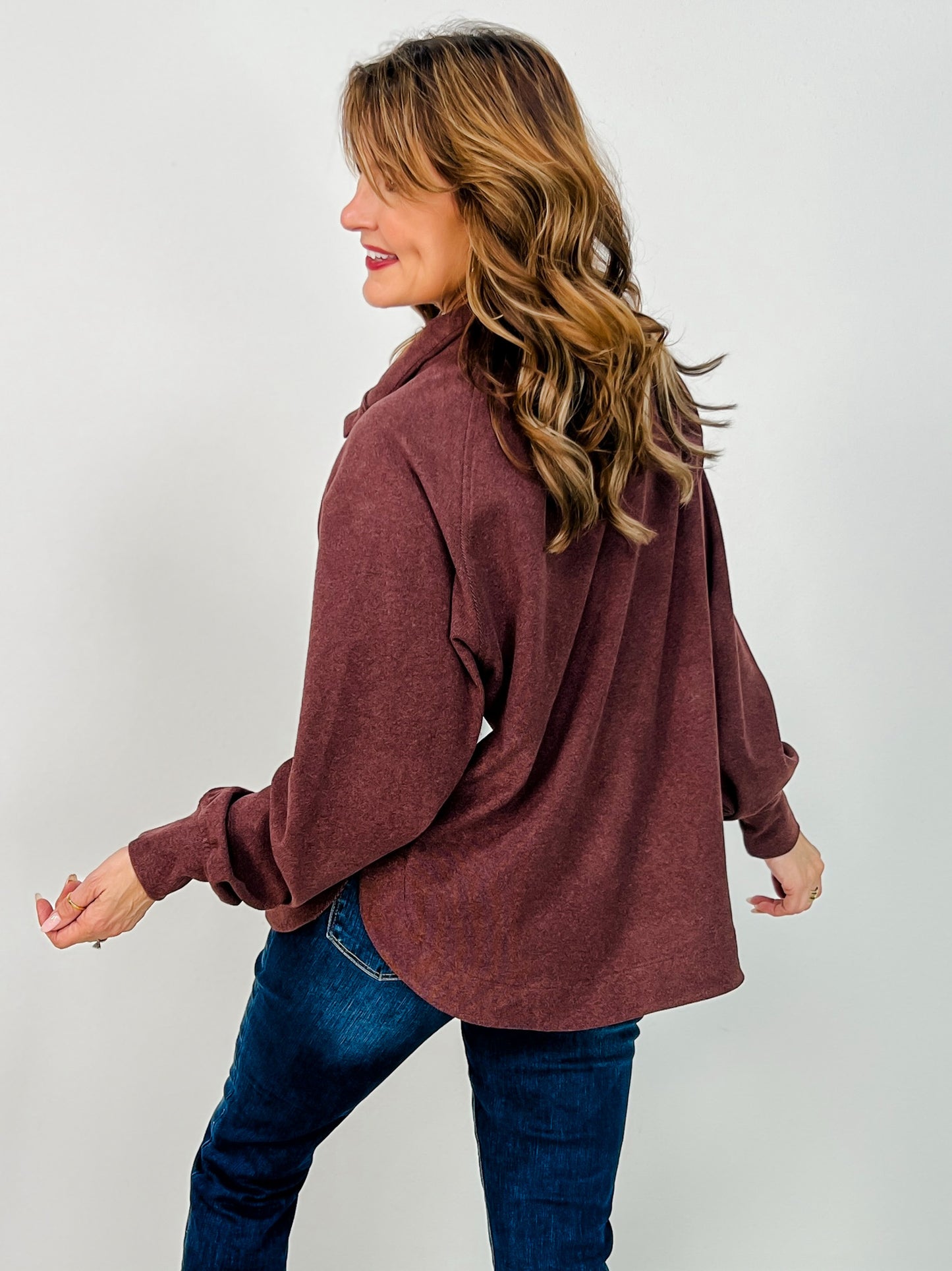 Brushed Rib Button Down Pullover Top in Dark Cherry