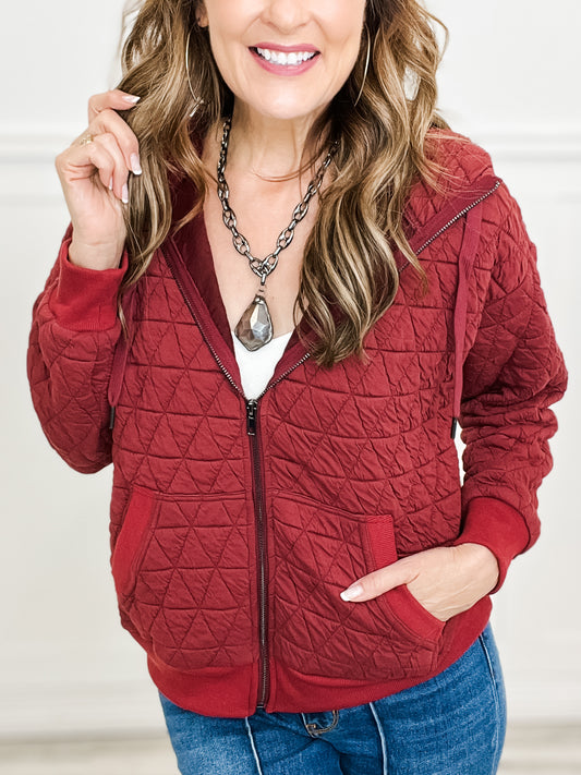 Quilted Zip Up Hooded Jacket with Side Pockets