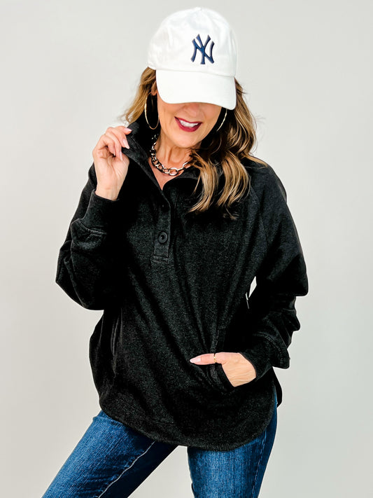 Brushed Rib Button Down Pullover Top in Black
