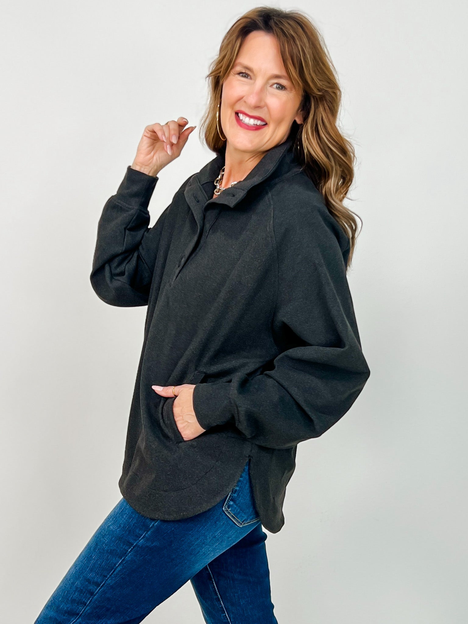 Brushed Rib Button Down Pullover Top in Black