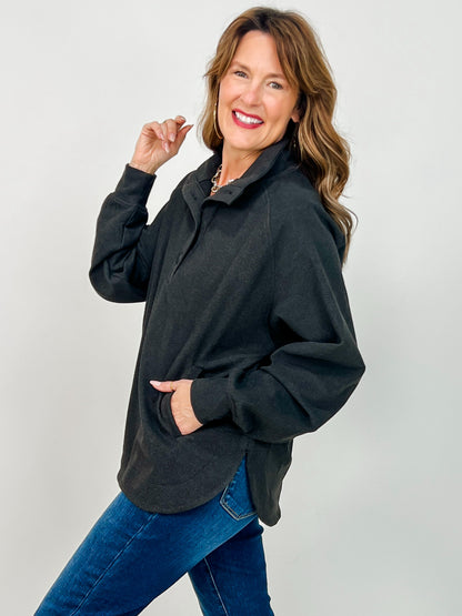 Brushed Rib Button Down Pullover Top in Black