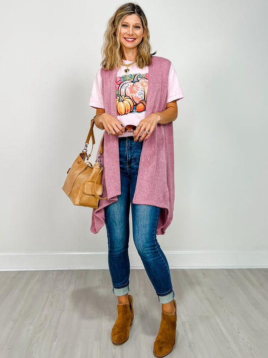 Front Drape Open Front Sleeveless Knit Vest in DESERT BLUSH