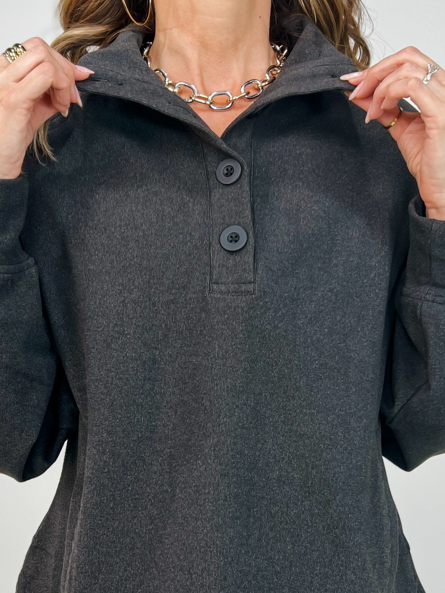 Brushed Rib Button Down Pullover Top in Black