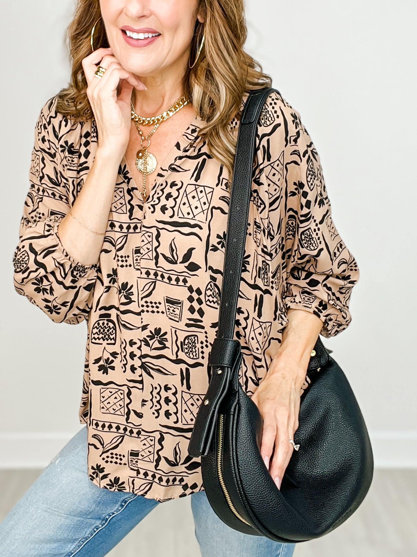 Dolman 3/4 Aztec Print Rayon Challis Woven Top