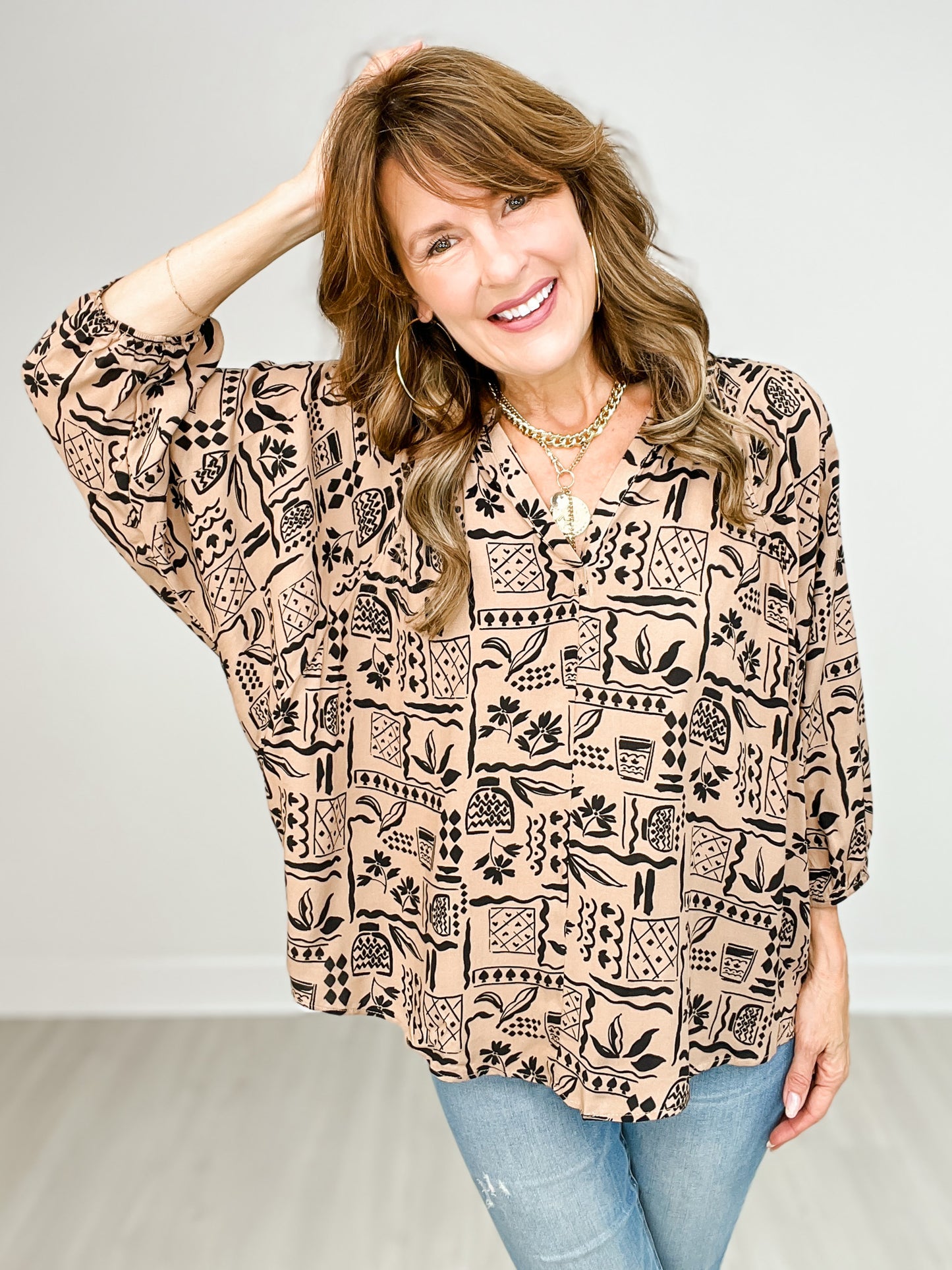 Dolman 3/4 Aztec Print Rayon Challis Woven Top