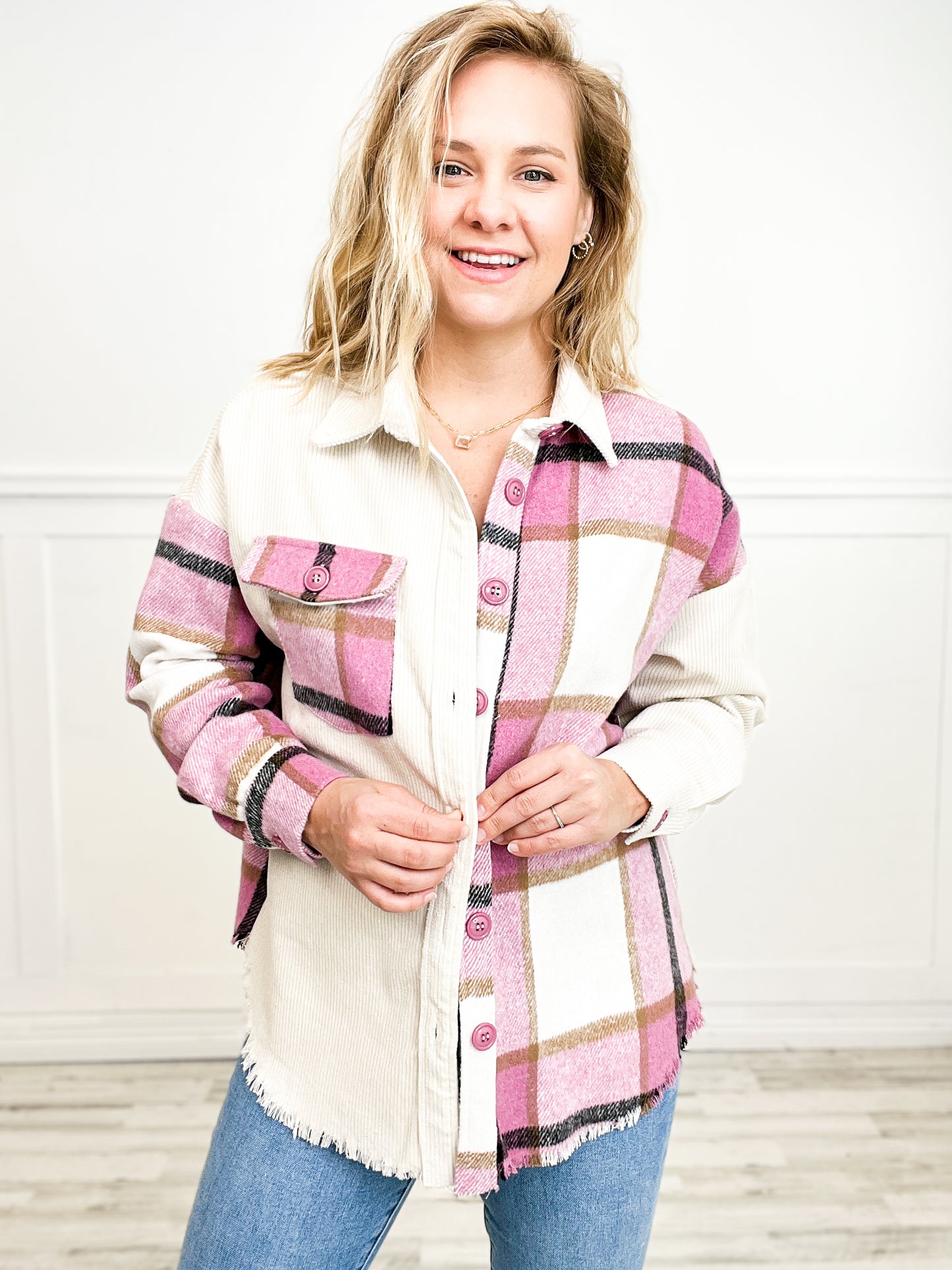 Plaid Contrast Long Sleeve Button Down Corduroy Shacket