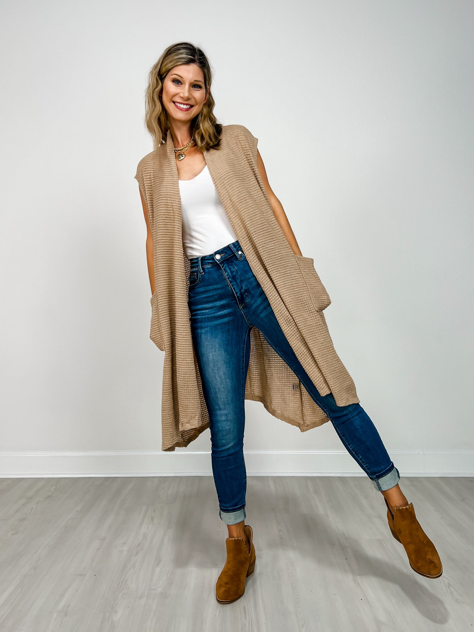 Open Front Crochet Midi Vest in MOCHA