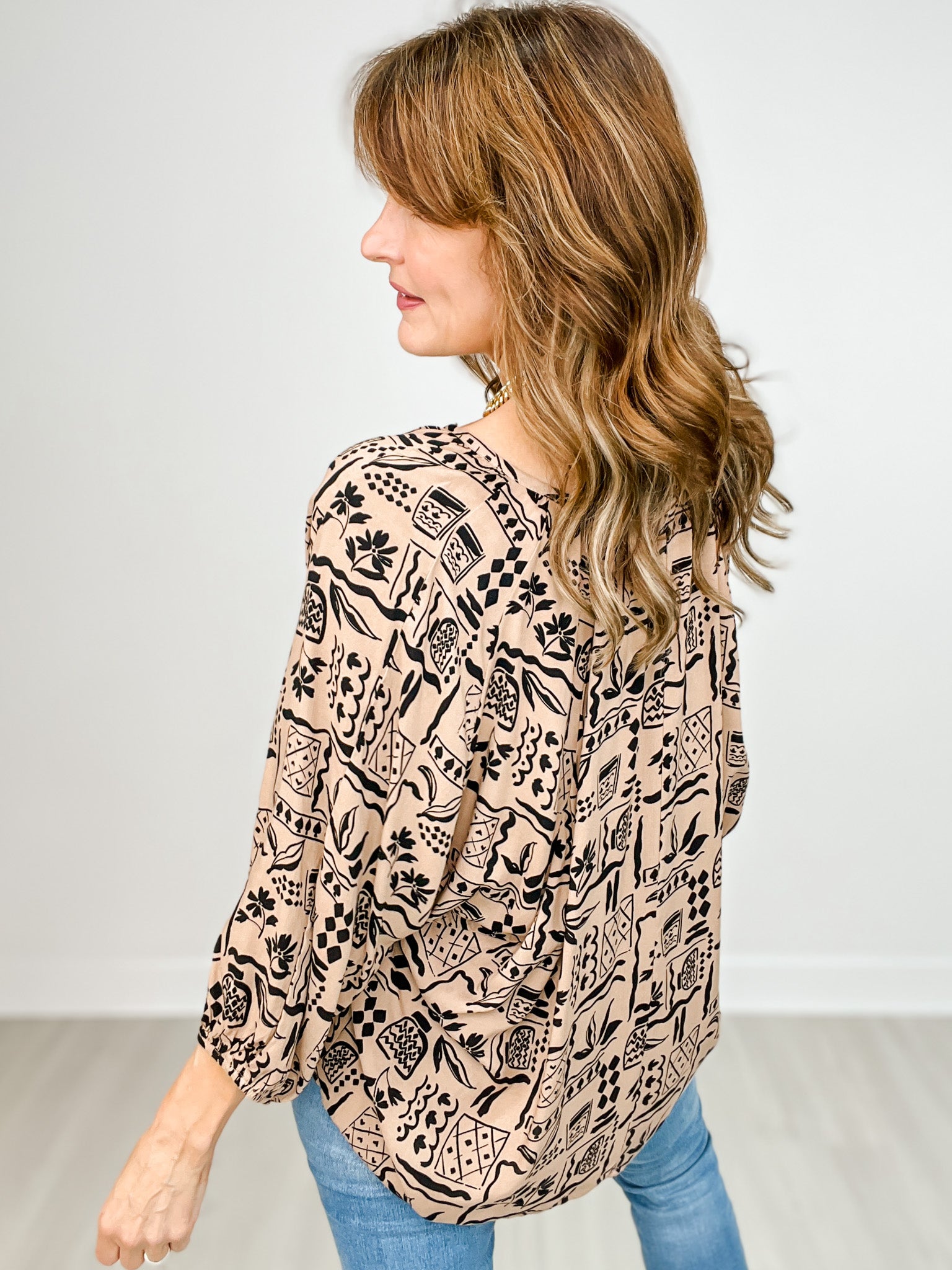 Dolman 3/4 Aztec Print Rayon Challis Woven Top