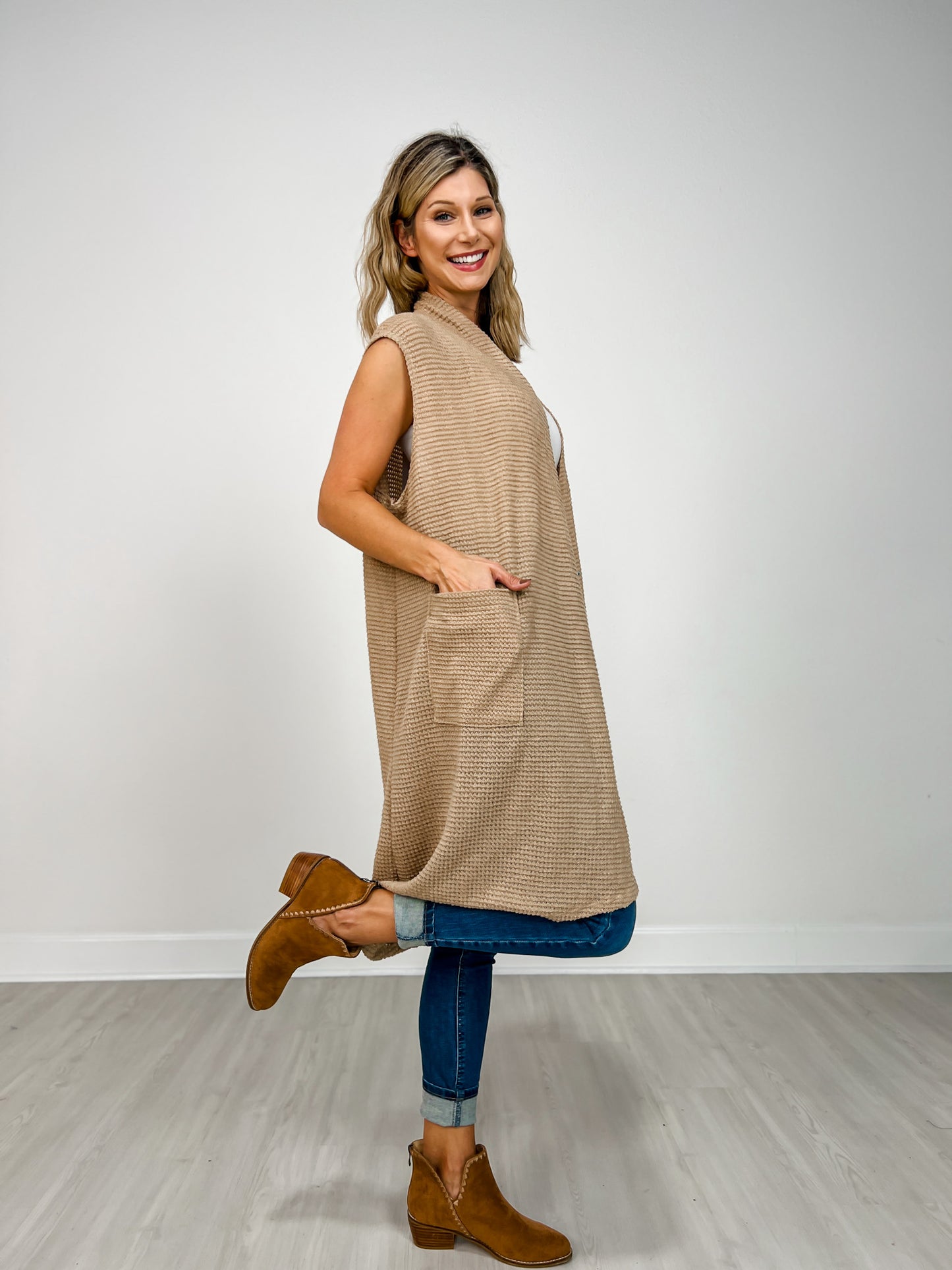 Open Front Crochet Midi Vest in MOCHA