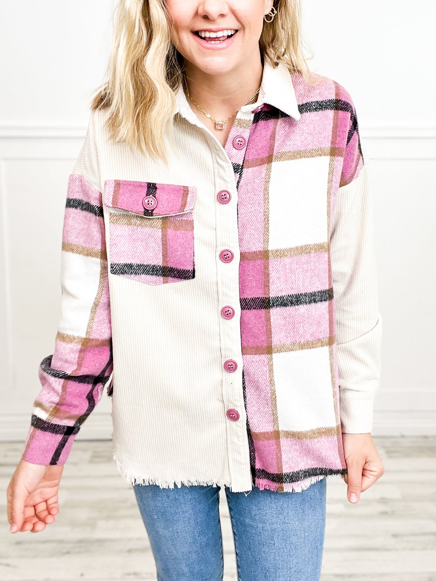 Plaid Contrast Long Sleeve Button Down Corduroy Shacket