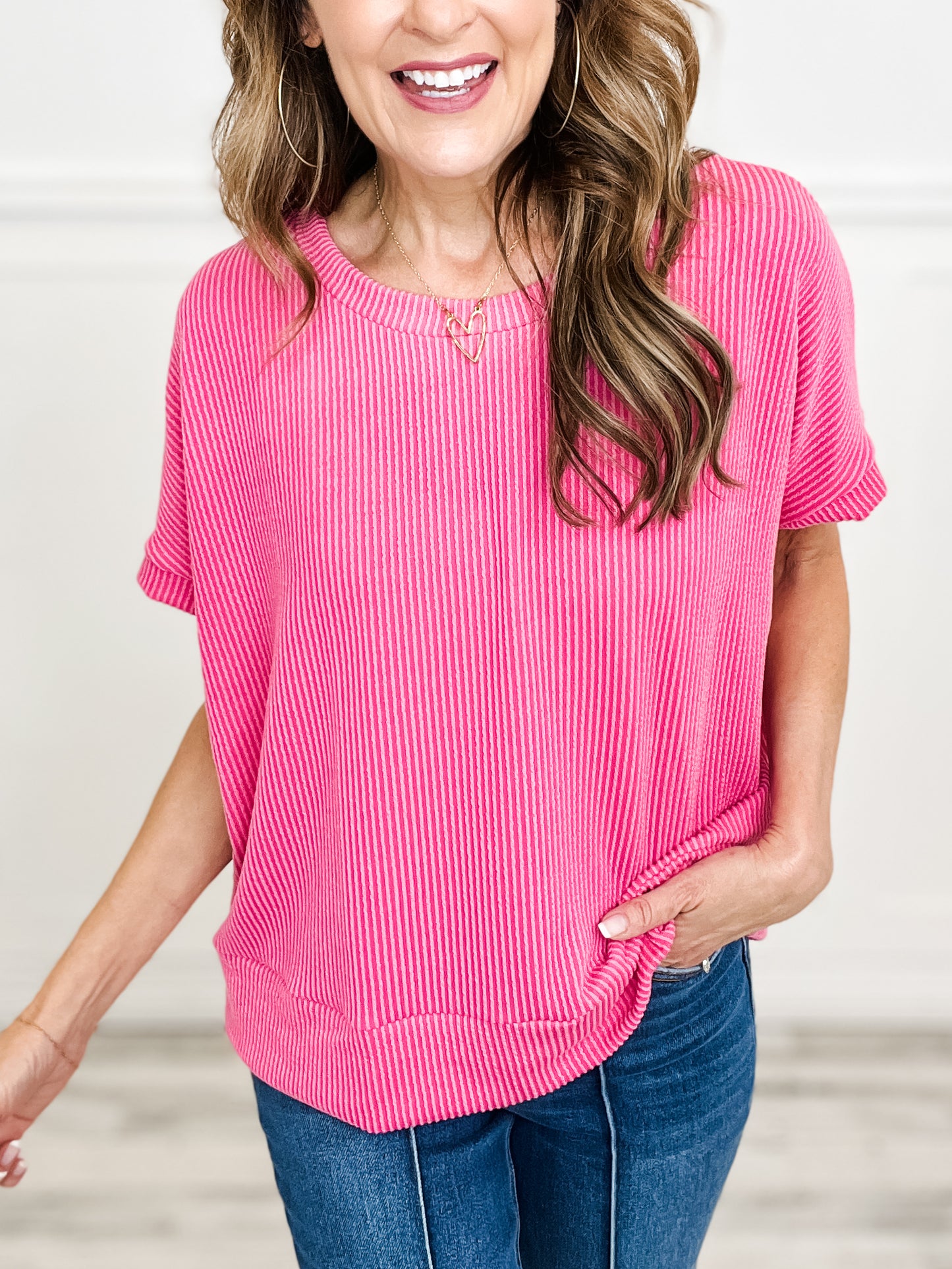 Ribbed Round Neck Short Sleeve Top