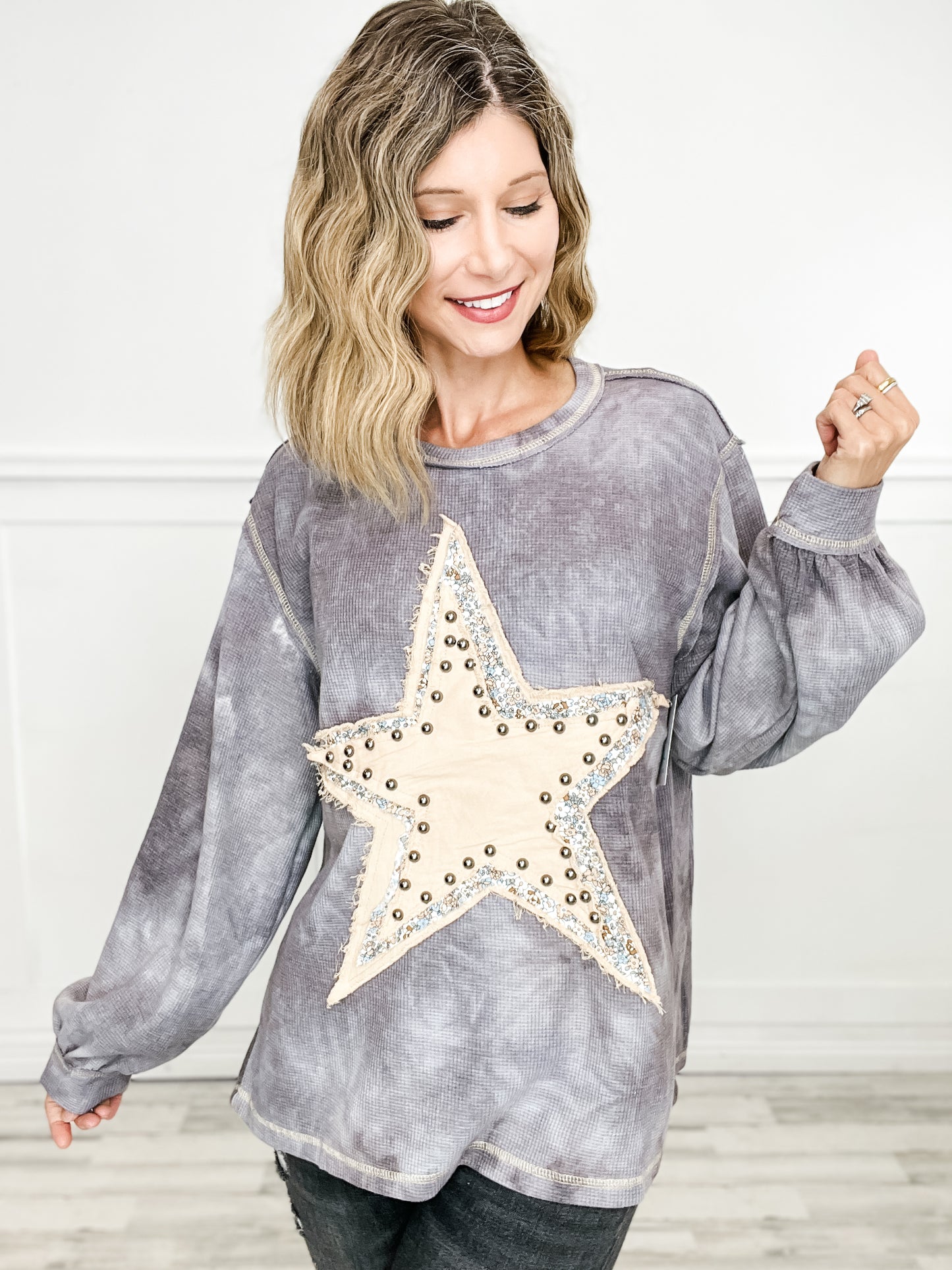 Vintage washed star patch with stud knit top