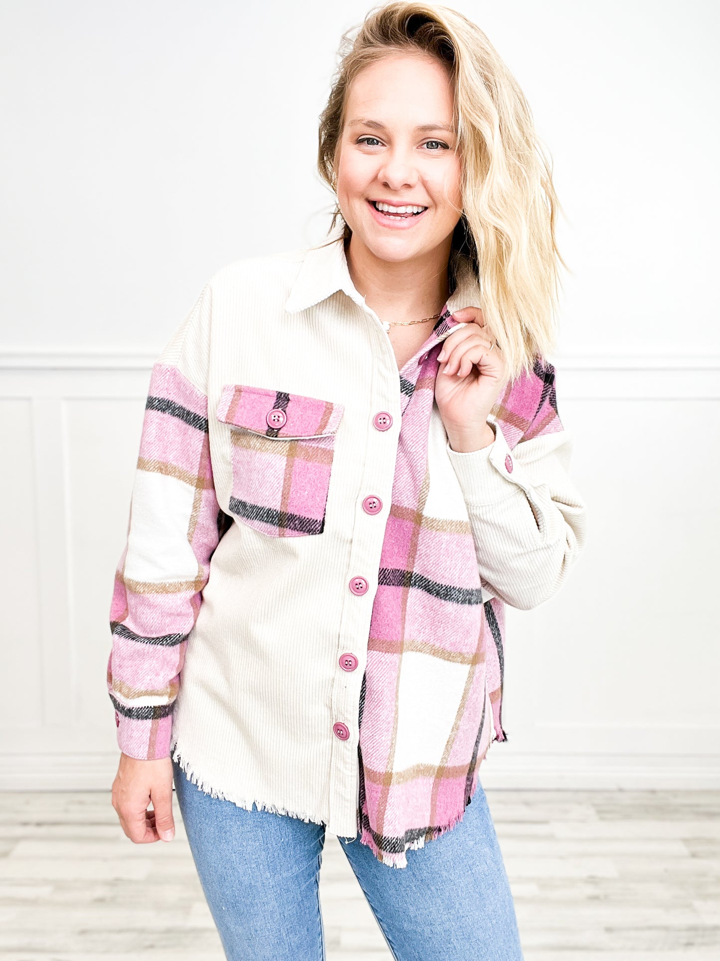 Plaid Contrast Long Sleeve Button Down Corduroy Shacket