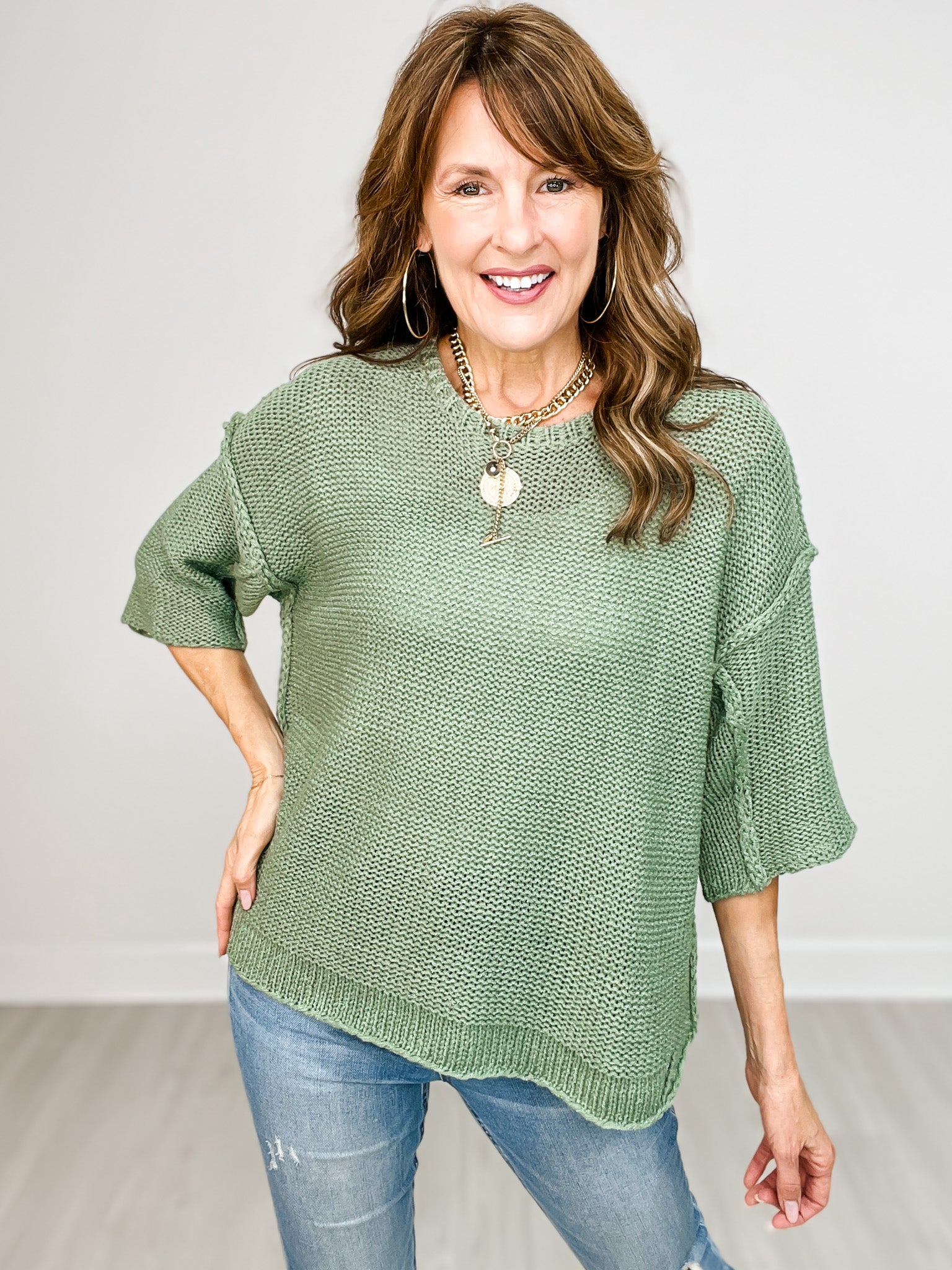 Half Sleeve Knit Boxy Sweater with Side Slits