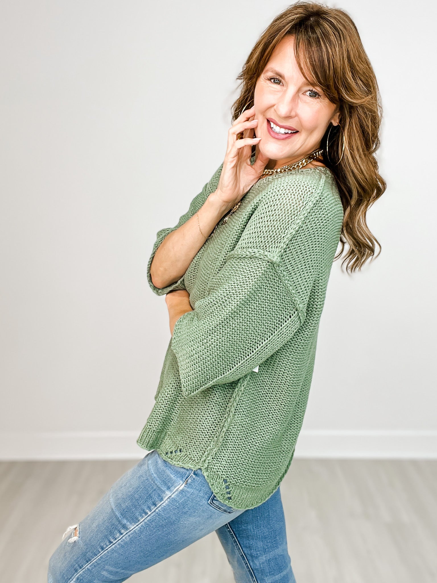 Half Sleeve Knit Boxy Sweater with Side Slits