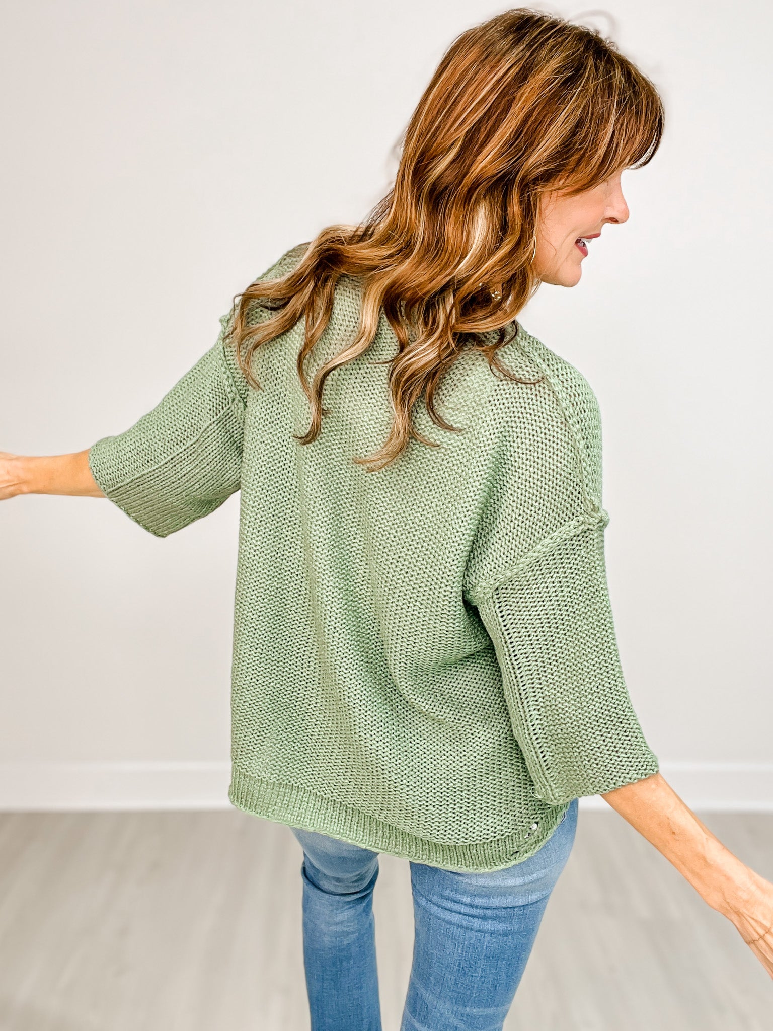 Half Sleeve Knit Boxy Sweater with Side Slits