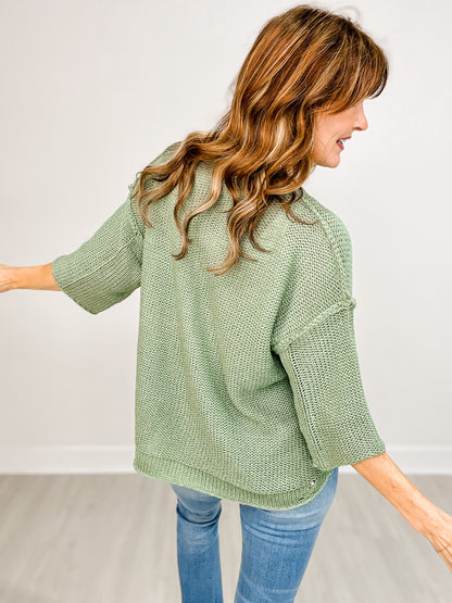 Half Sleeve Knit Boxy Sweater with Side Slits