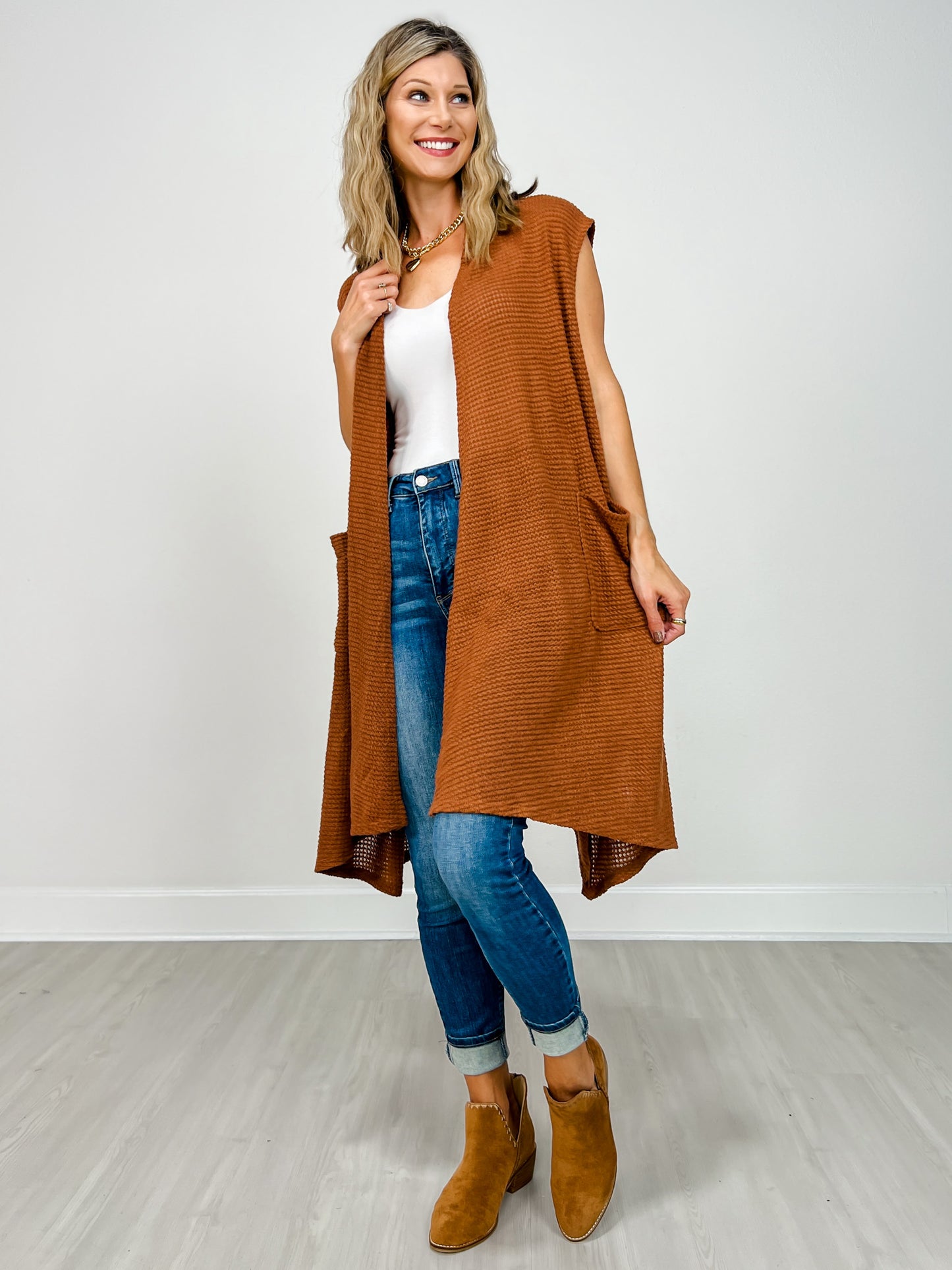 Open Front Crochet Midi Vest in CHESTNUT