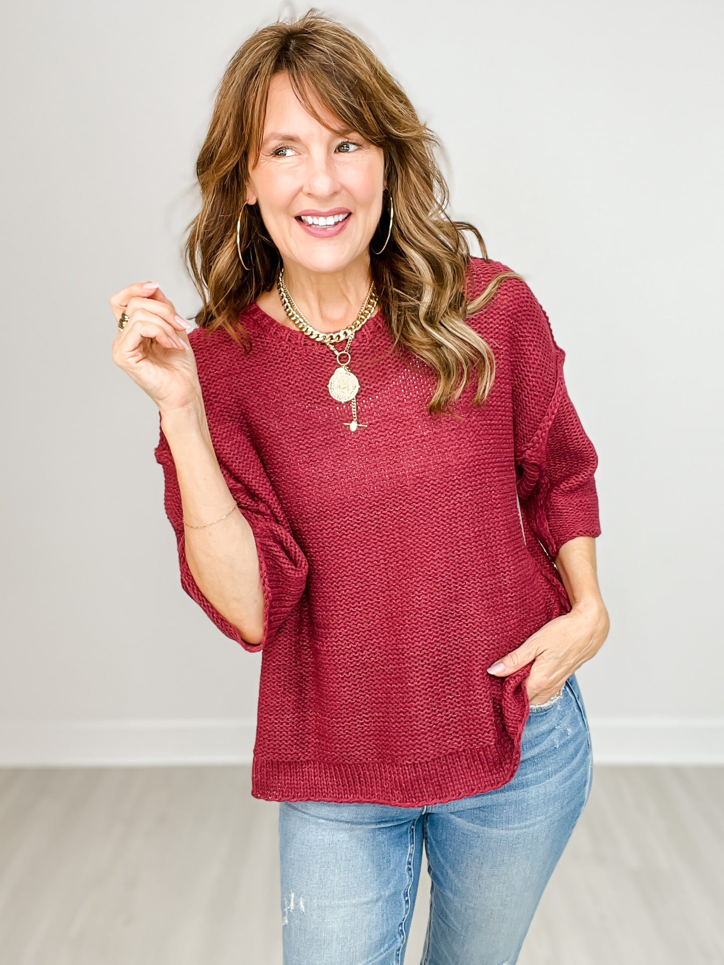 Half Sleeve Knit Boxy Sweater with Side Slits