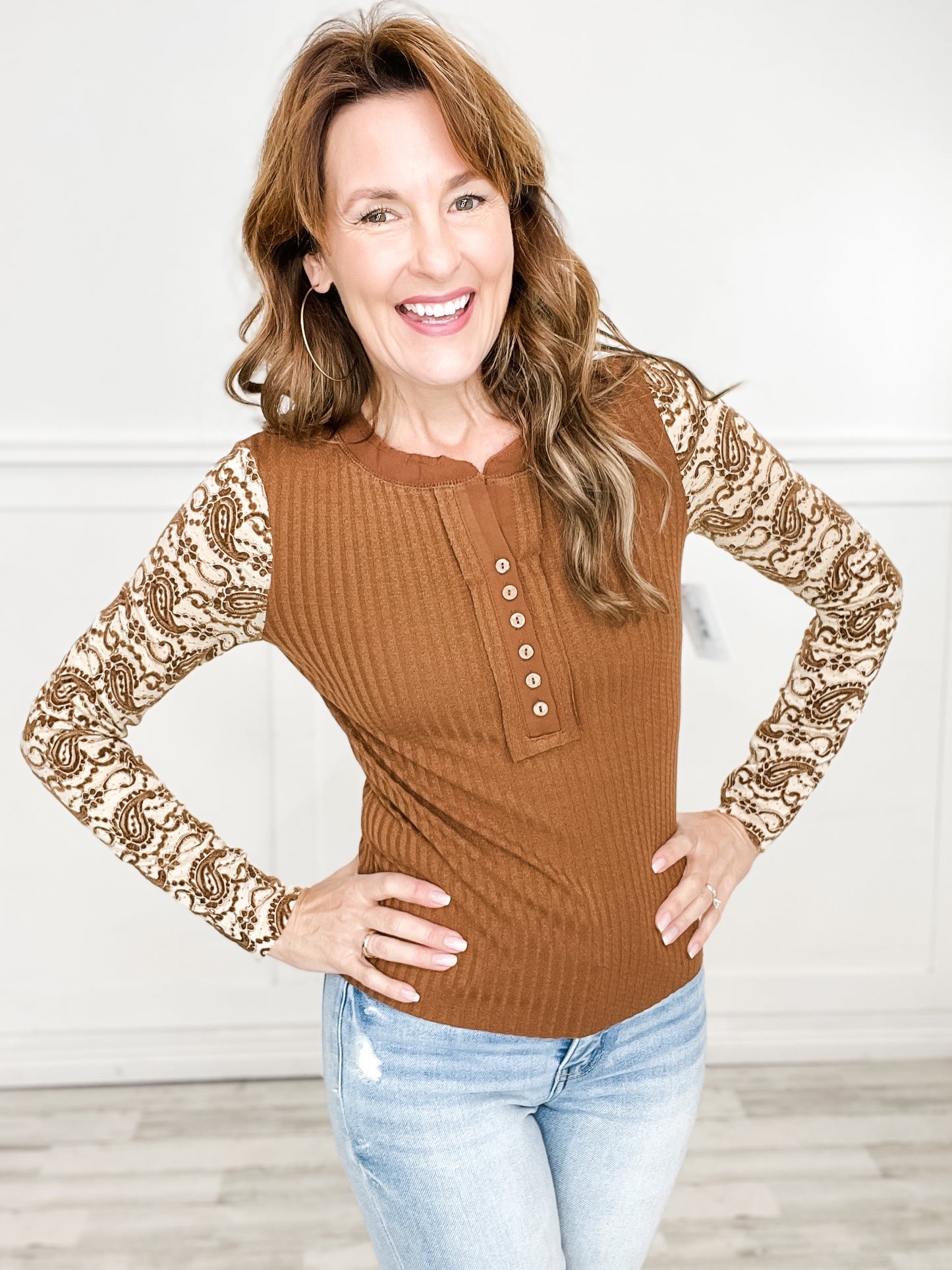 Long Lace Sleeve Henley Knit Top